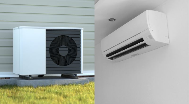 Reversible heat pump A/C unit installed outdoors in Luxembourg, next to an indoor wall-mounted split unit