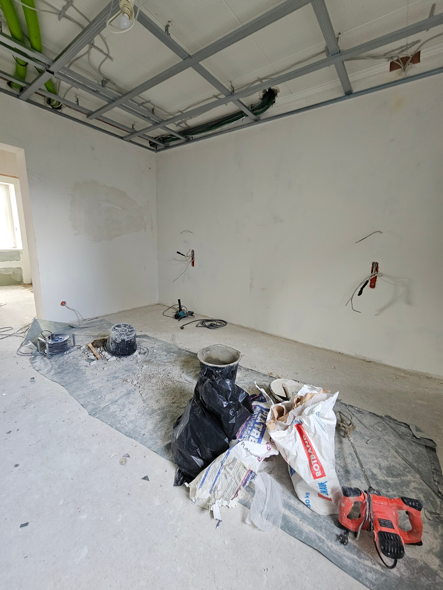 Suspended ceiling metal frame during installation
