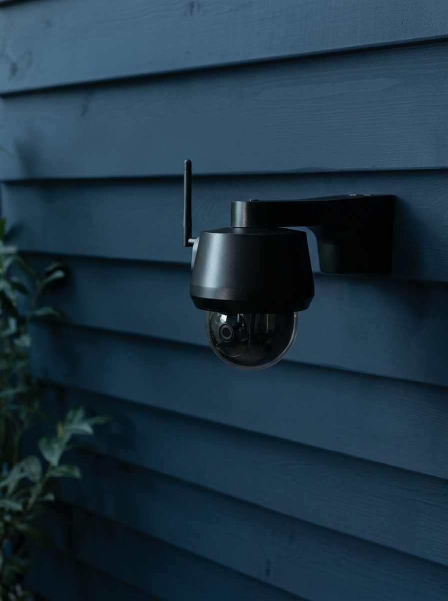 Outdoor Wi-Fi security camera mounted on a house wall